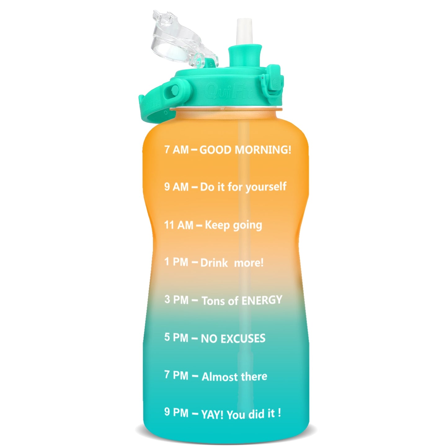 Quifit Half Gallon 2L Water Bottle with Straw 2 Litre Tritan BPA Free Motivational Quote Time Marker 2000ml Jug Star Style