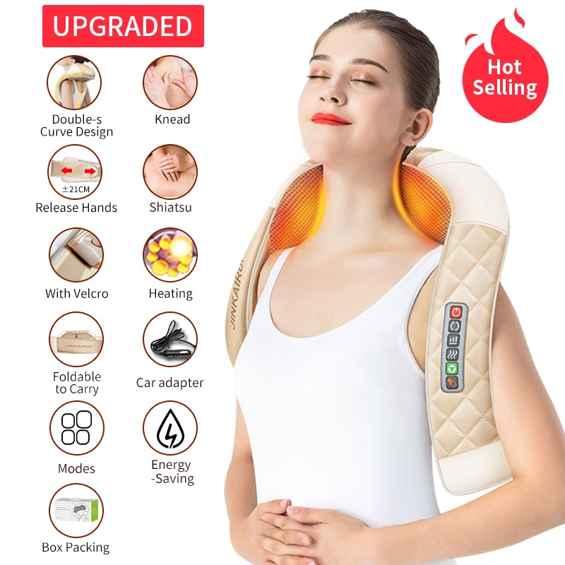 JinKaiRui 16 Massage Heads Heating Neck Shoulder Kneading Massager Cervical Therapy Health Care Back Waist Pain ReliefRelaxation