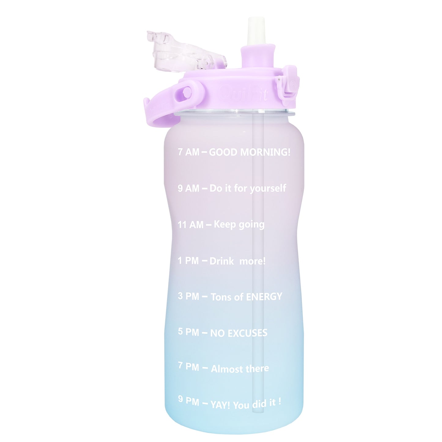 Quifit Half Gallon 2L Water Bottle with Straw 2 Litre Tritan BPA Free Motivational Quote Time Marker 2000ml Jug Star Style