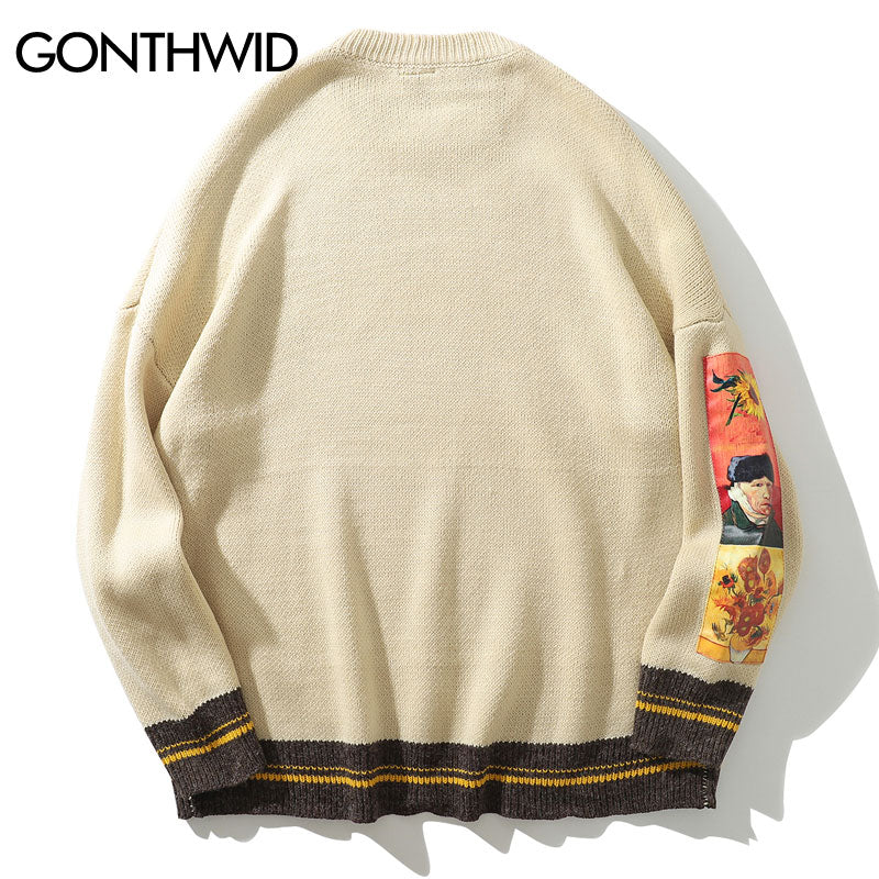 GONTHWID Van Gogh Sleeve Patchwork Pullover Knit Sweater 2022 Mens Hip Hop Embroidery Crewneck Knitwear Sweaters Streetwear Tops