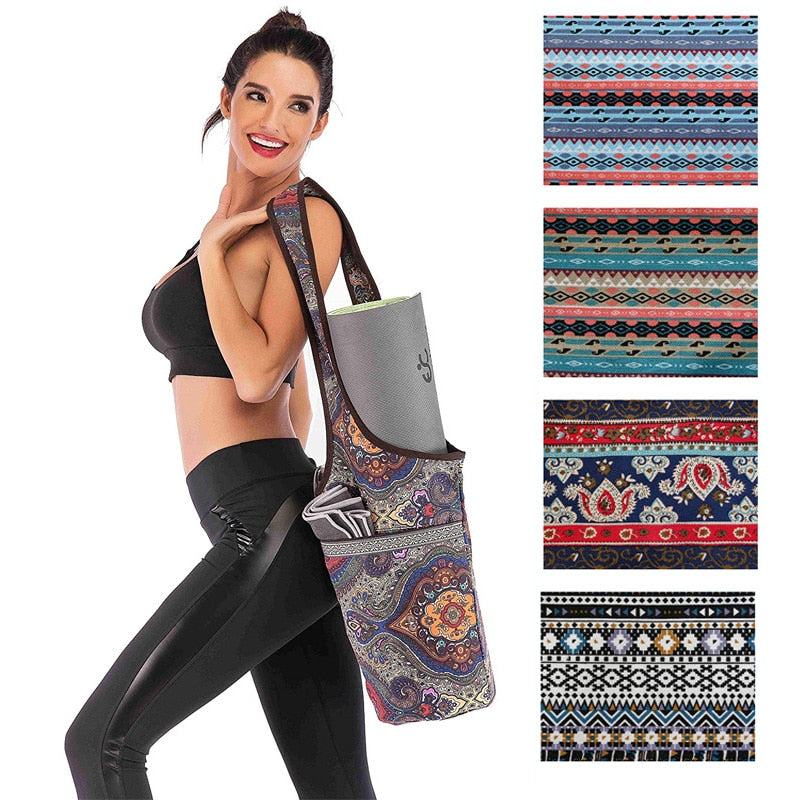 Canvas Yoga Mat Bag Bohemian Printed Yoga Bag Large Pocket Fit Most Size Mats Yoga Tote Sling Carrier Fitness Gym Accessories