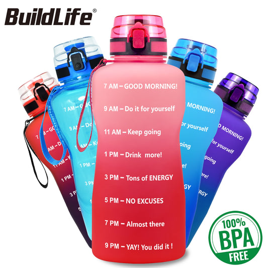 BuildLife 1.3L 2L 64oz Motivational Water Bottle with Time Marking Bpa Free Tritan Fitness Gym Jug Sport Plastic Drinking Filter