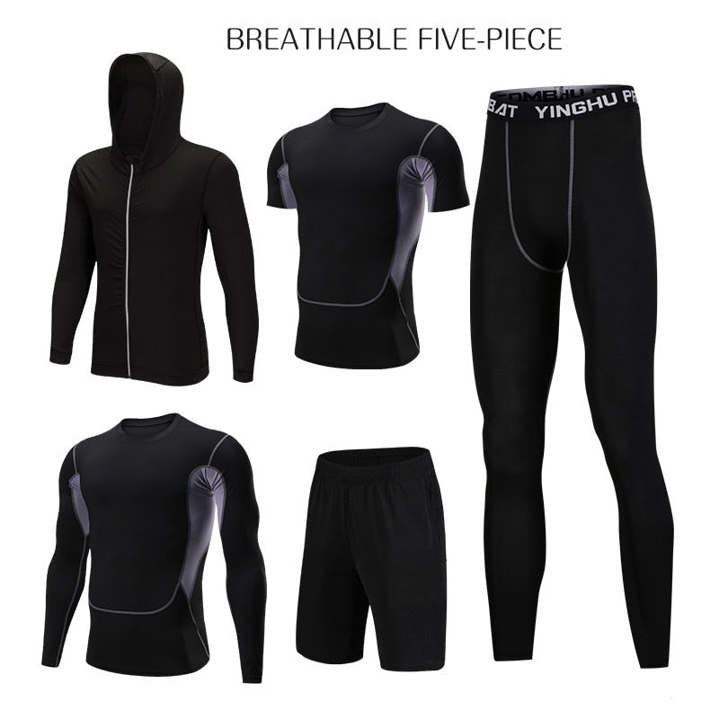 WorthWhile 5 Pcs/Set Men&#39;s Tracksuit Compression Sports Wear for Men Gym Fitness Exercise Workout Tights Running Jogging Suits