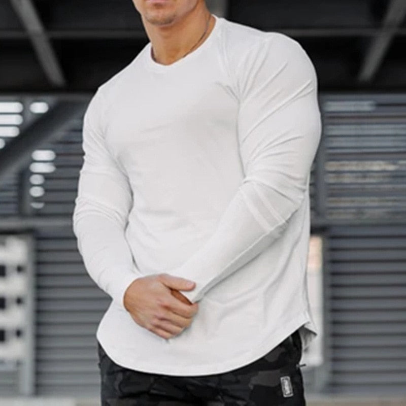 Men Long Sleeve Tshirt Curved Hem Tshirt Bodybuilding Muscle Workout Fitness Shirt Solid Color Men Undershirt