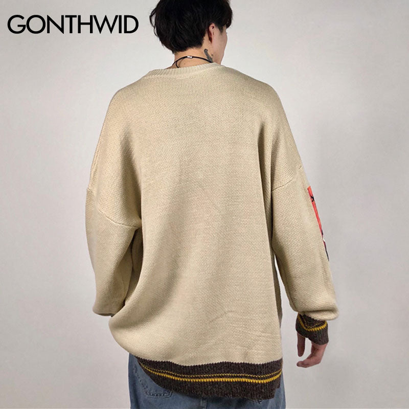 GONTHWID Van Gogh Sleeve Patchwork Pullover Knit Sweater 2022 Mens Hip Hop Embroidery Crewneck Knitwear Sweaters Streetwear Tops