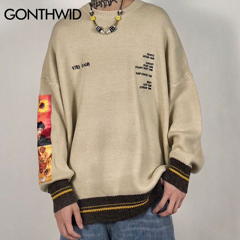 GONTHWID Van Gogh Sleeve Patchwork Pullover Knit Sweater 2022 Mens Hip Hop Embroidery Crewneck Knitwear Sweaters Streetwear Tops