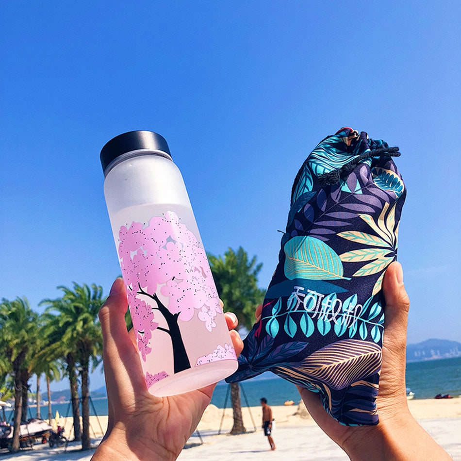 1000ML Kawaii Color Changing Sakura Bottle Cute Water Bottle With Protective Bag For Girl Student Fashion Sport Drinking Bottle