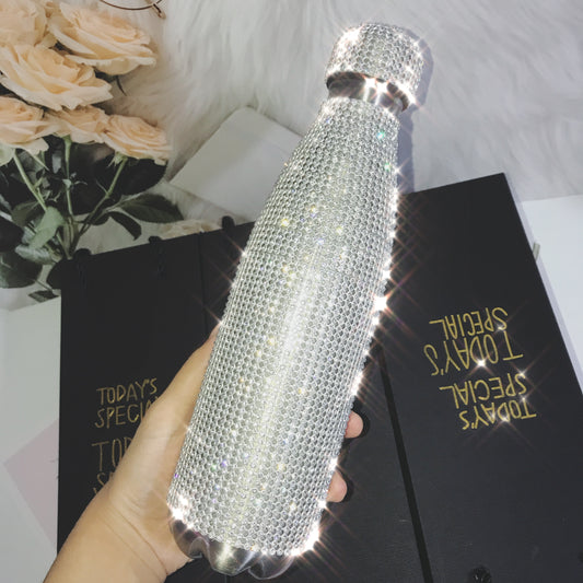 500ml Shinning Water Bottle with Rhinestones Thermos Bottle Bling Stainless Steel Thermos Cup Silver Diamond Flask Vacuum Bottle