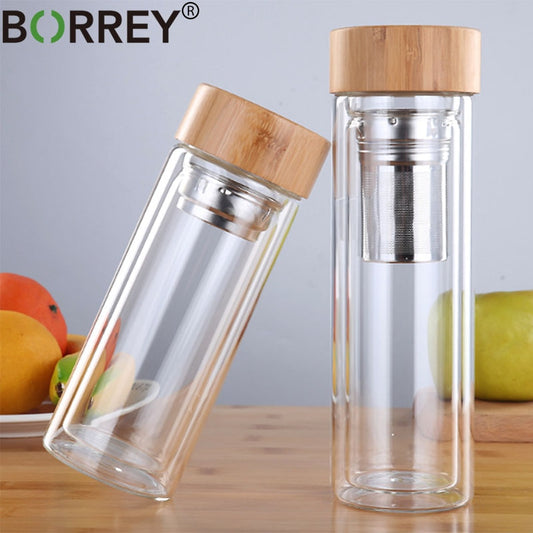 BORREY 450Ml Glass Water Bottle Anti-scald Double Wall Tea Bottle With Infuser Filter Strainer Office Clear Drinking Bottle