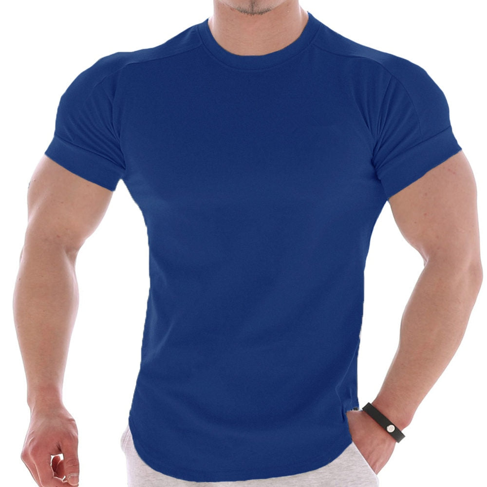 Solid Gym Fitness tshirt Men Casual Cotton Short sleeve T-shirt Bodybuilding Skinny Tee shirt Tops Male Summer Training Clothing