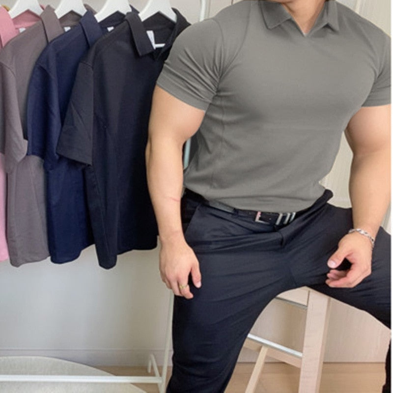 Summer V-neck muscular sport Polo shirts with solid-color lapels, round bottoms body-slimming fitness shirts and short sleeves