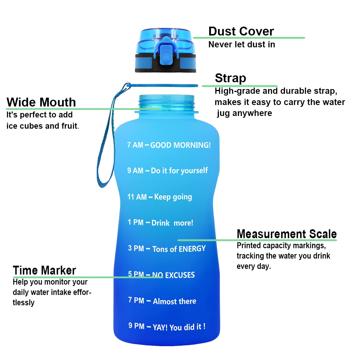 BuildLife 1.3L 2L 64oz Motivational Water Bottle with Time Marking Bpa Free Tritan Fitness Gym Jug Sport Plastic Drinking Filter