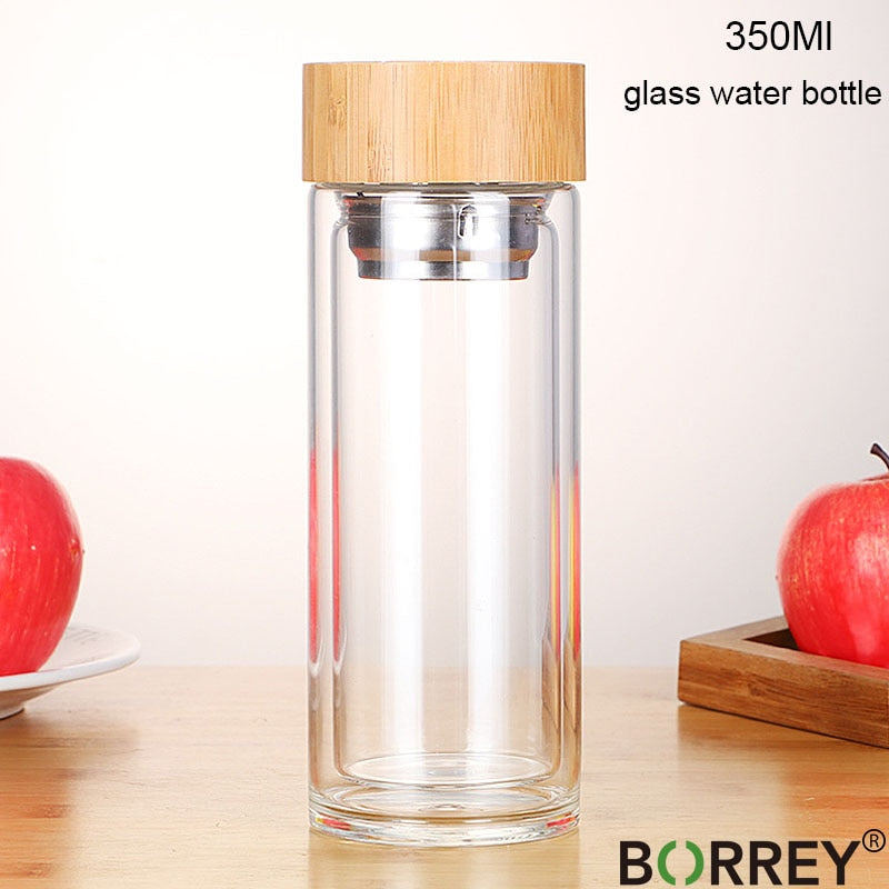 BORREY 450Ml Glass Water Bottle Anti-scald Double Wall Tea Bottle With Infuser Filter Strainer Office Clear Drinking Bottle