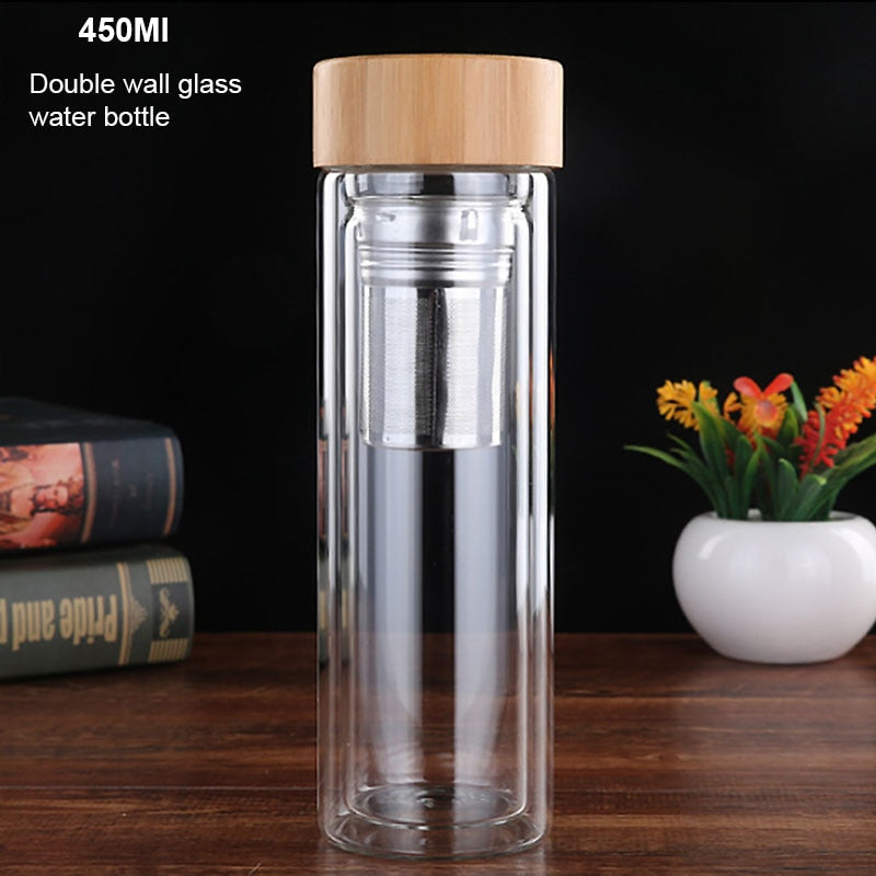 BORREY 450Ml Glass Water Bottle Anti-scald Double Wall Tea Bottle With Infuser Filter Strainer Office Clear Drinking Bottle