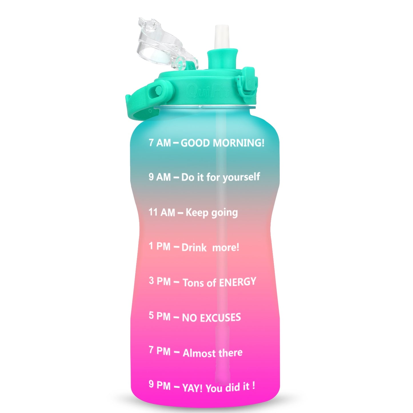 Quifit Half Gallon 2L Water Bottle with Straw 2 Litre Tritan BPA Free Motivational Quote Time Marker 2000ml Jug Star Style