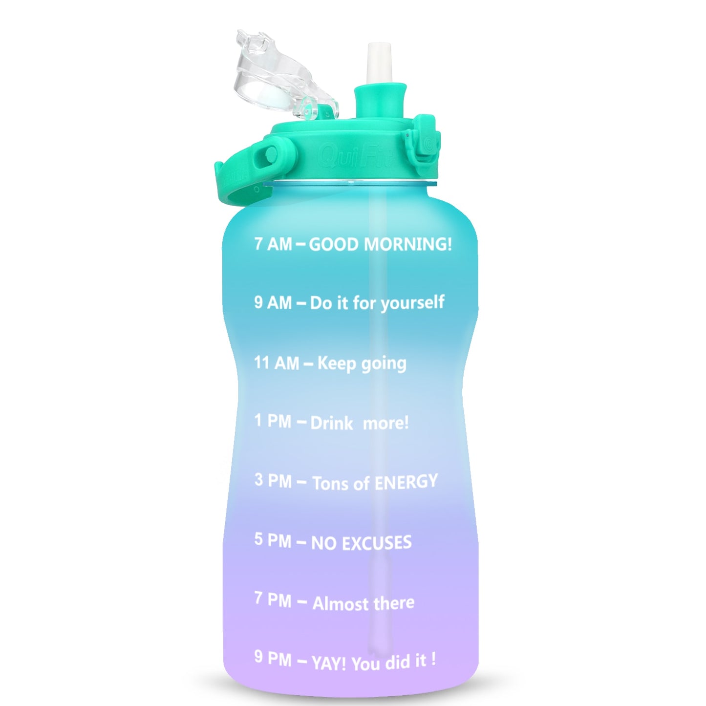 Quifit Half Gallon 2L Water Bottle with Straw 2 Litre Tritan BPA Free Motivational Quote Time Marker 2000ml Jug Star Style