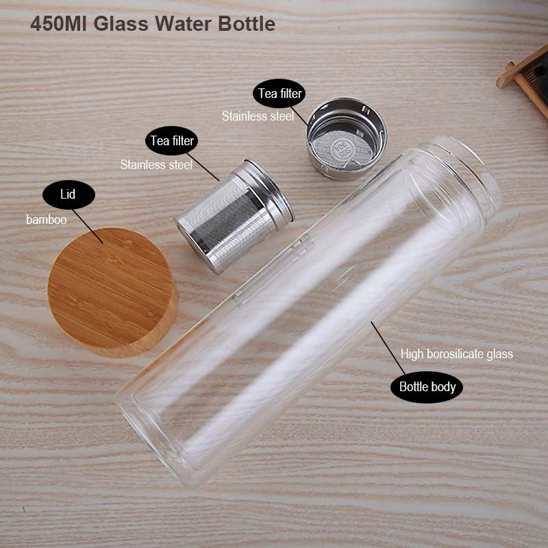 BORREY 450Ml Glass Water Bottle Anti-scald Double Wall Tea Bottle With Infuser Filter Strainer Office Clear Drinking Bottle