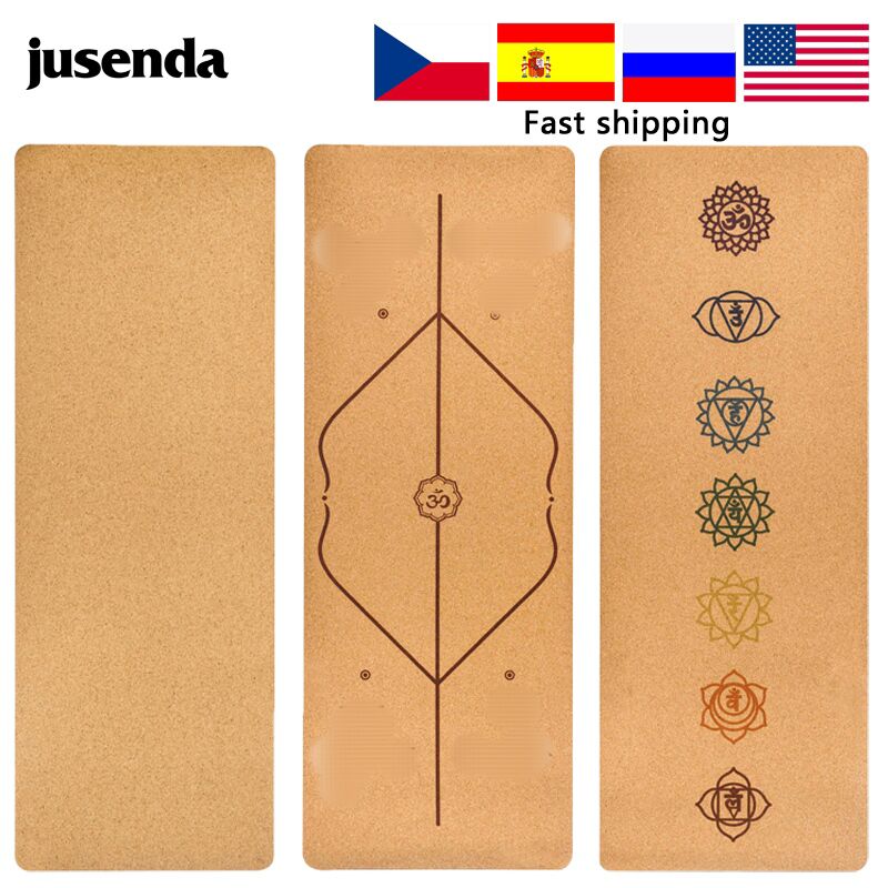 Jusenda 183X68cm Natural Cork TPE Yoga Mat For Fitness 5mm Sport Mats Pilates Exercise Non-slip Yoga mat With Position Body Line