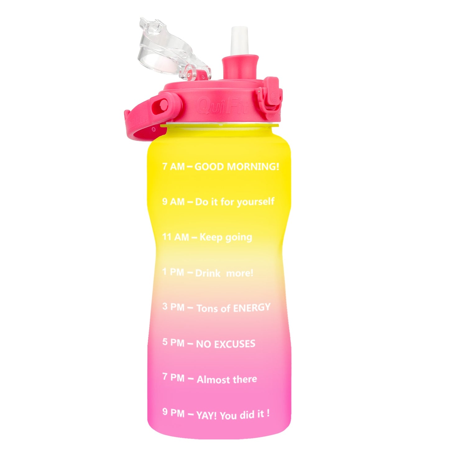 Quifit Half Gallon 2L Water Bottle with Straw 2 Litre Tritan BPA Free Motivational Quote Time Marker 2000ml Jug Star Style