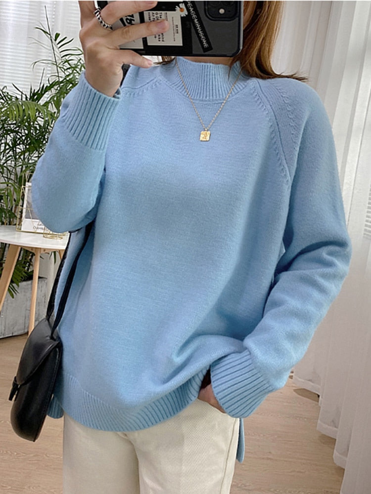 Women Mock Neck Pullovers Sweater High Quality Oversized Jumper Split Fall Winter Clothes Beige Purple Green 8 Colors  C-114