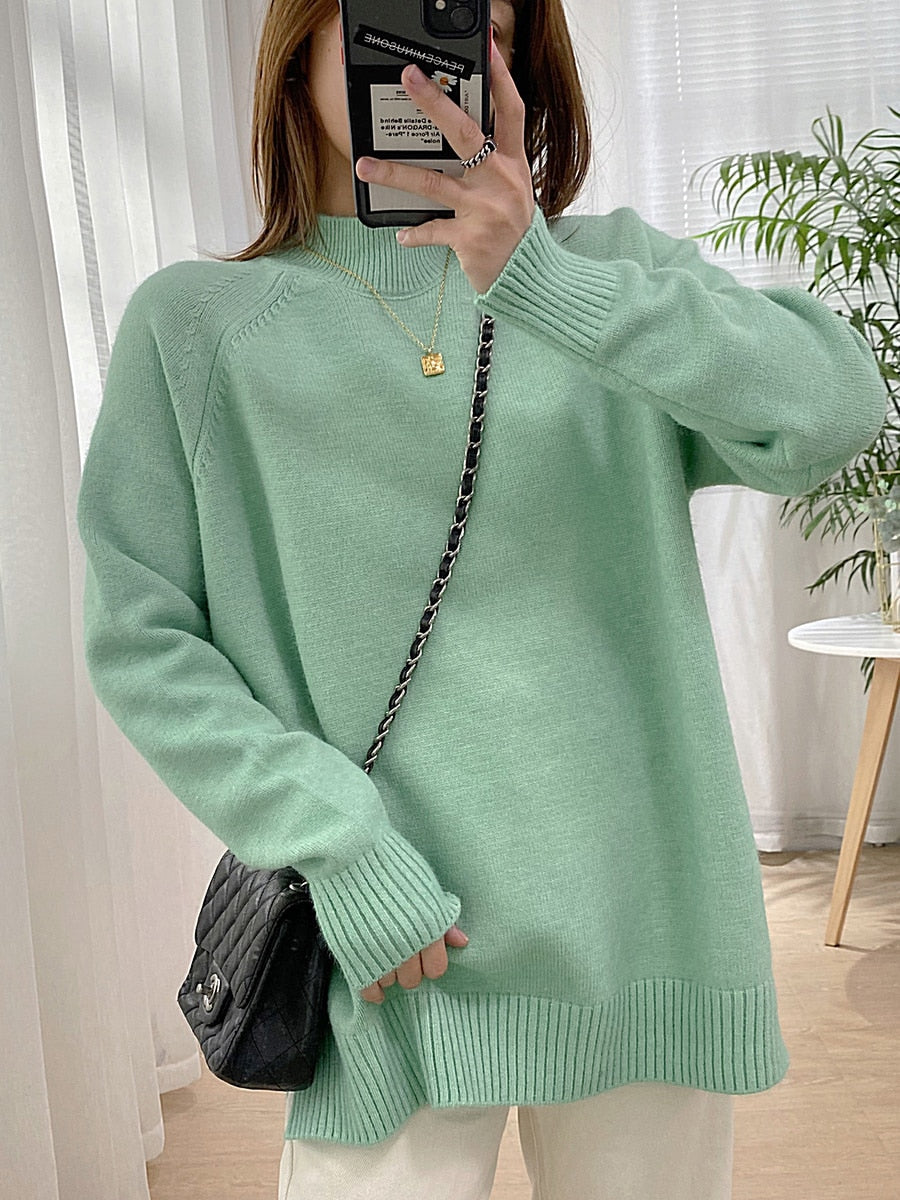 Women Mock Neck Pullovers Sweater High Quality Oversized Jumper Split Fall Winter Clothes Beige Purple Green 8 Colors  C-114