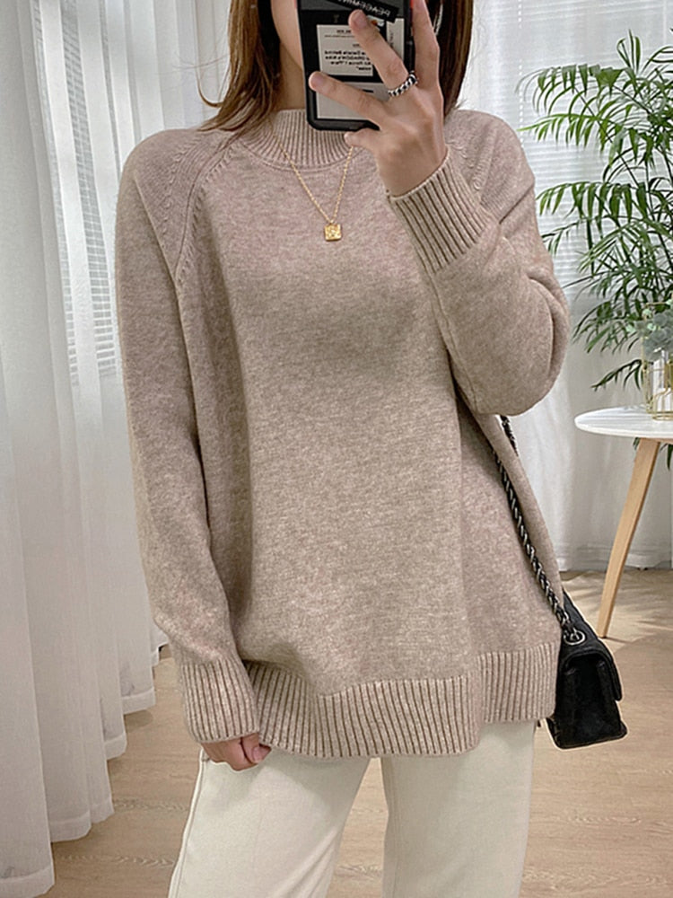 Women Mock Neck Pullovers Sweater High Quality Oversized Jumper Split Fall Winter Clothes Beige Purple Green 8 Colors  C-114