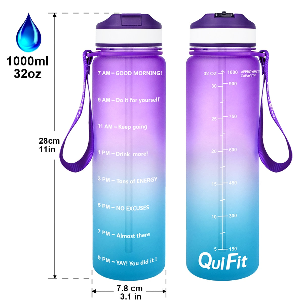 QuiFit 1L 32 OZ 1000ML Tritan Water Bottle With Straw BPA Free Drinking Cups Bicycle Portable GYM Outdoor Sports Fitness Jug