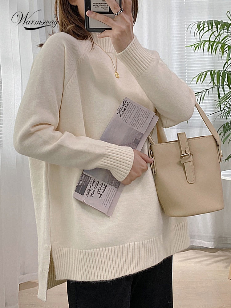 Women Mock Neck Pullovers Sweater High Quality Oversized Jumper Split Fall Winter Clothes Beige Purple Green 8 Colors  C-114