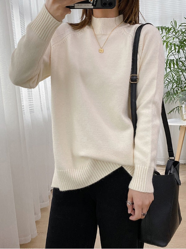 Women Mock Neck Pullovers Sweater High Quality Oversized Jumper Split Fall Winter Clothes Beige Purple Green 8 Colors  C-114