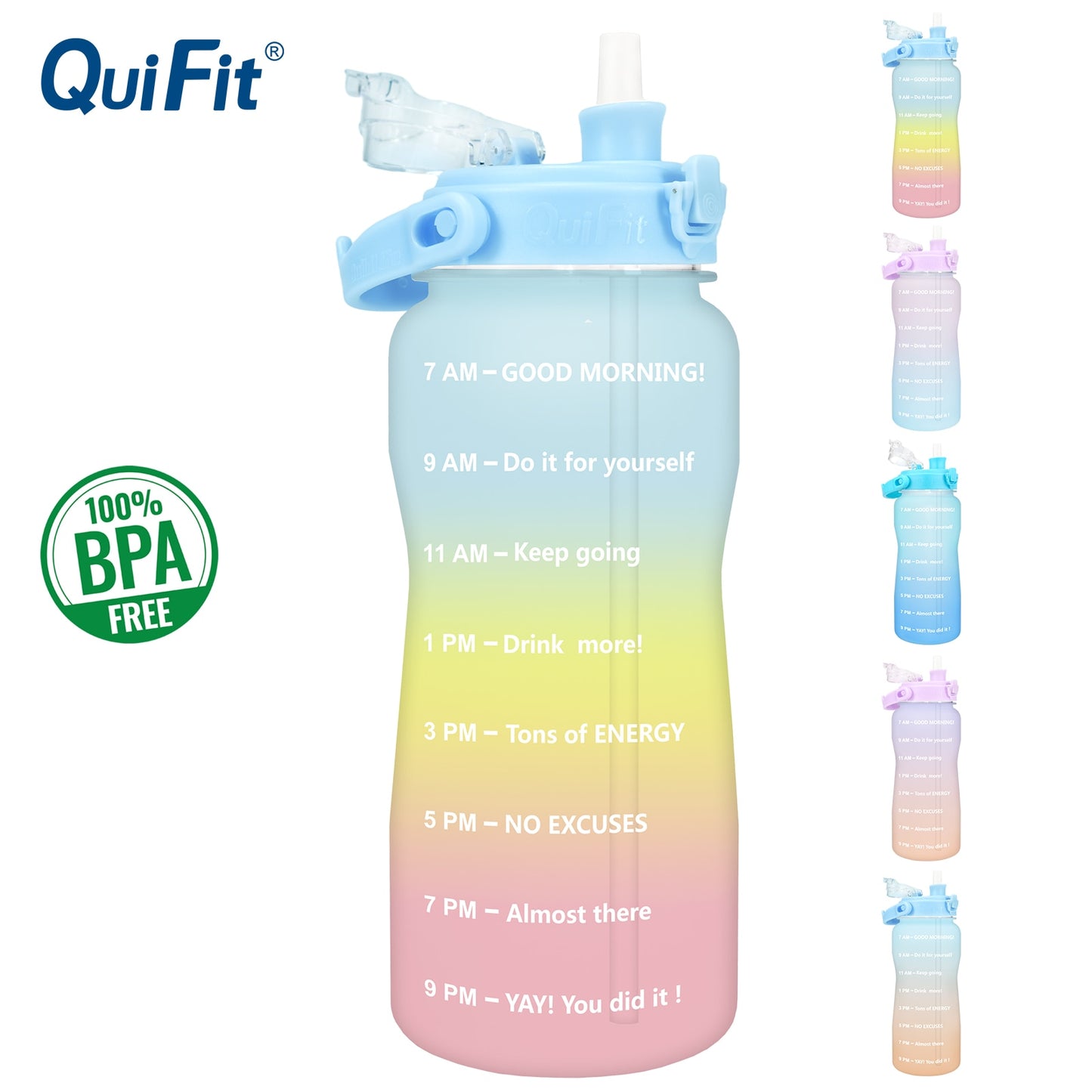 Quifit Half Gallon 2L Water Bottle with Straw 2 Litre Tritan BPA Free Motivational Quote Time Marker 2000ml Jug Star Style