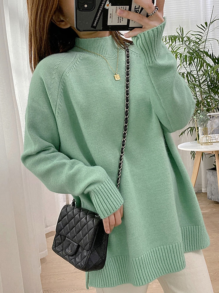 Women Mock Neck Pullovers Sweater High Quality Oversized Jumper Split Fall Winter Clothes Beige Purple Green 8 Colors  C-114