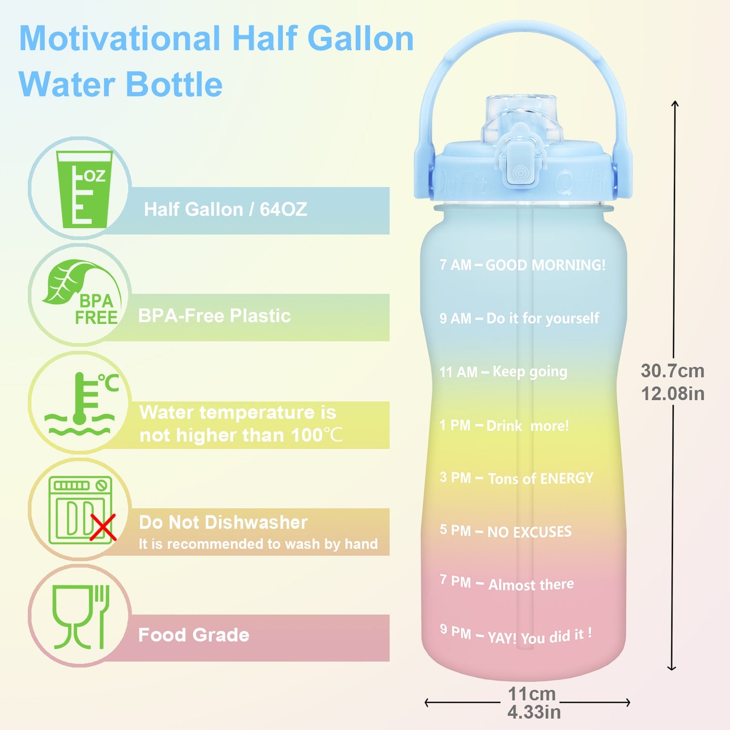 Quifit Half Gallon 2L Water Bottle with Straw 2 Litre Tritan BPA Free Motivational Quote Time Marker 2000ml Jug Star Style