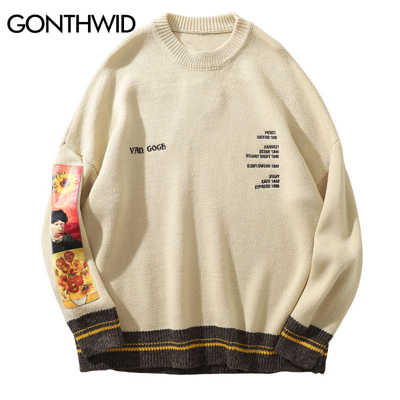 GONTHWID Van Gogh Sleeve Patchwork Pullover Knit Sweater 2022 Mens Hip Hop Embroidery Crewneck Knitwear Sweaters Streetwear Tops