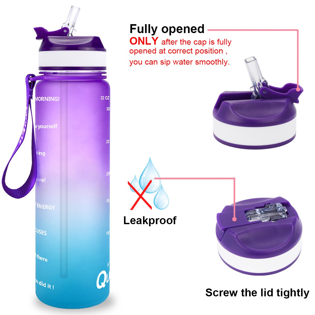 QuiFit 1L 32 OZ 1000ML Tritan Water Bottle With Straw BPA Free Drinking Cups Bicycle Portable GYM Outdoor Sports Fitness Jug