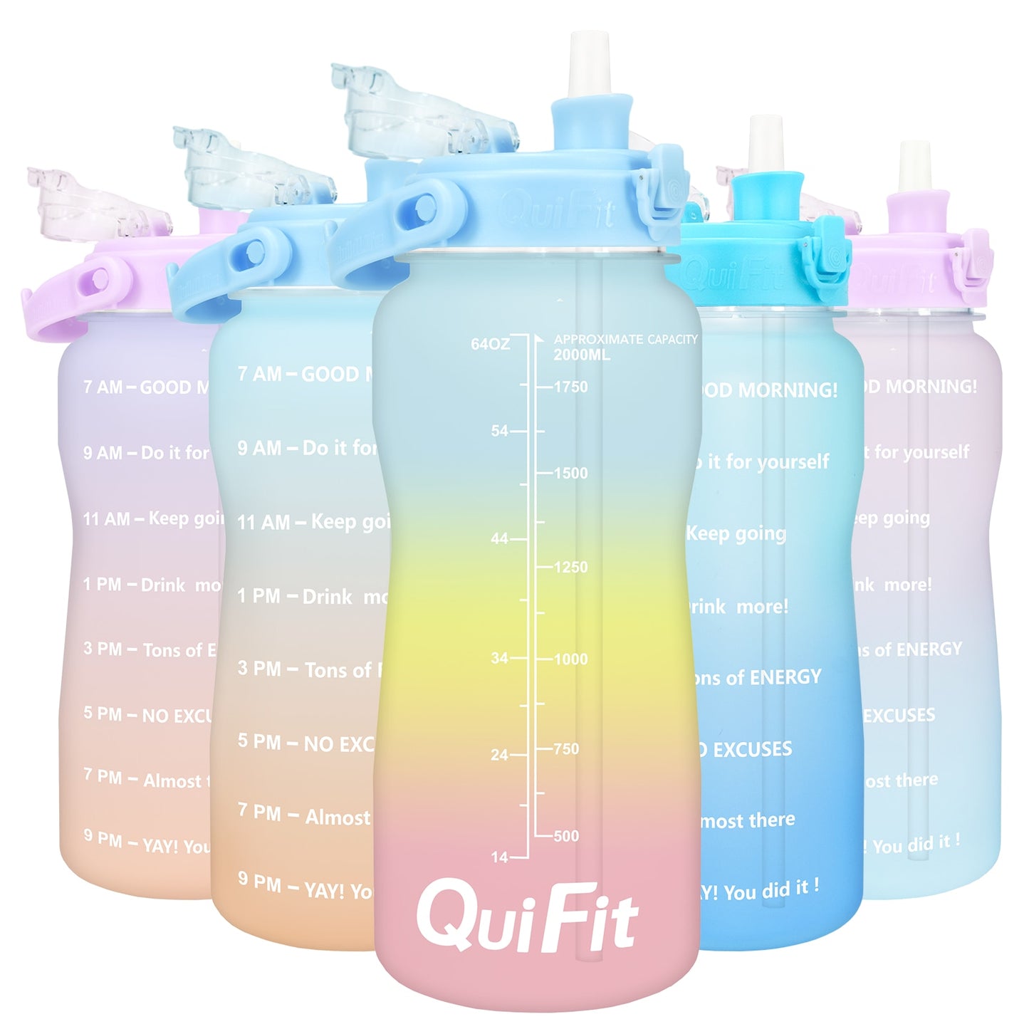 Quifit Half Gallon 2L Water Bottle with Straw 2 Litre Tritan BPA Free Motivational Quote Time Marker 2000ml Jug Star Style