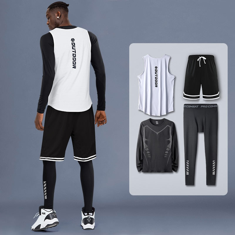 4 Pcs/Set Men Tracksuit Gym Fitness Compression Sports Suit Clothes Running Jogging Sport Wear Exercise Workout Tights