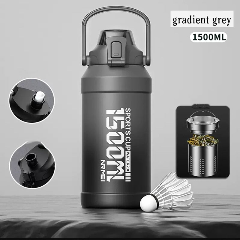 2L Water bottle Thermos Bottle with Removable Straw, Protable Stainless Steel Water Bottle with Carry Handle for Gym