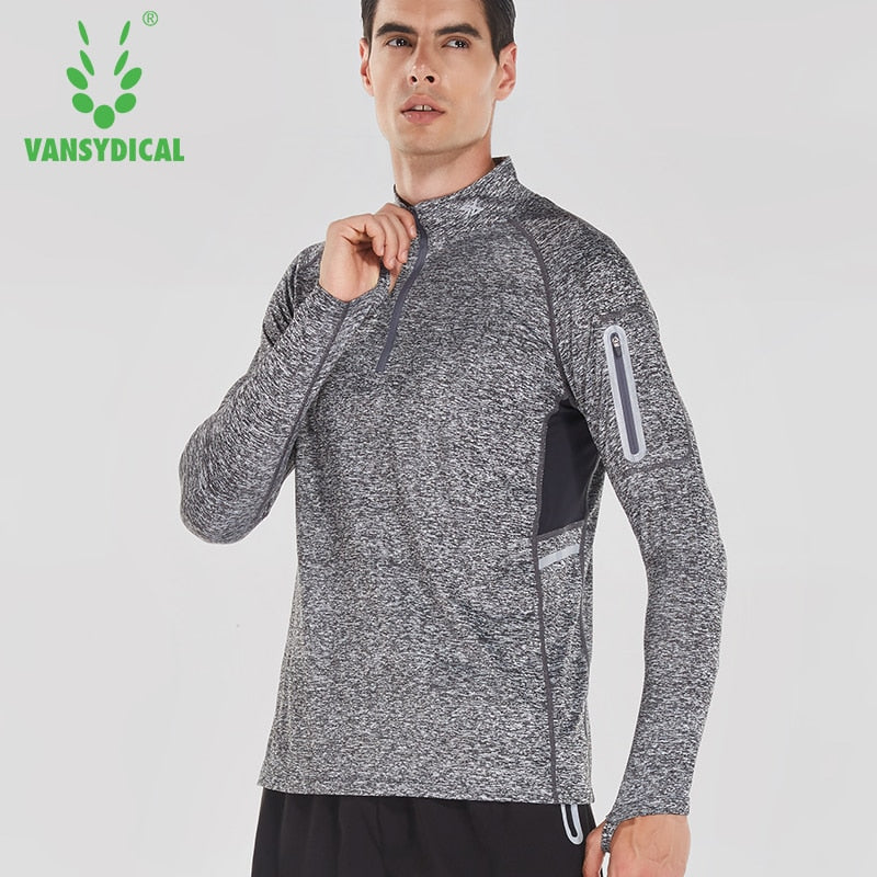 Running Shirt Men Zipper Pullover Madarin Collar Long Sleeve with Pocket Sports Active Wear for Gym Clothing Workout Shirt Male