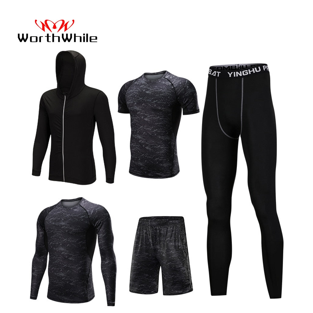 WorthWhile 5 Pcs/Set Men&#39;s Tracksuit Compression Sports Wear for Men Gym Fitness Exercise Workout Tights Running Jogging Suits