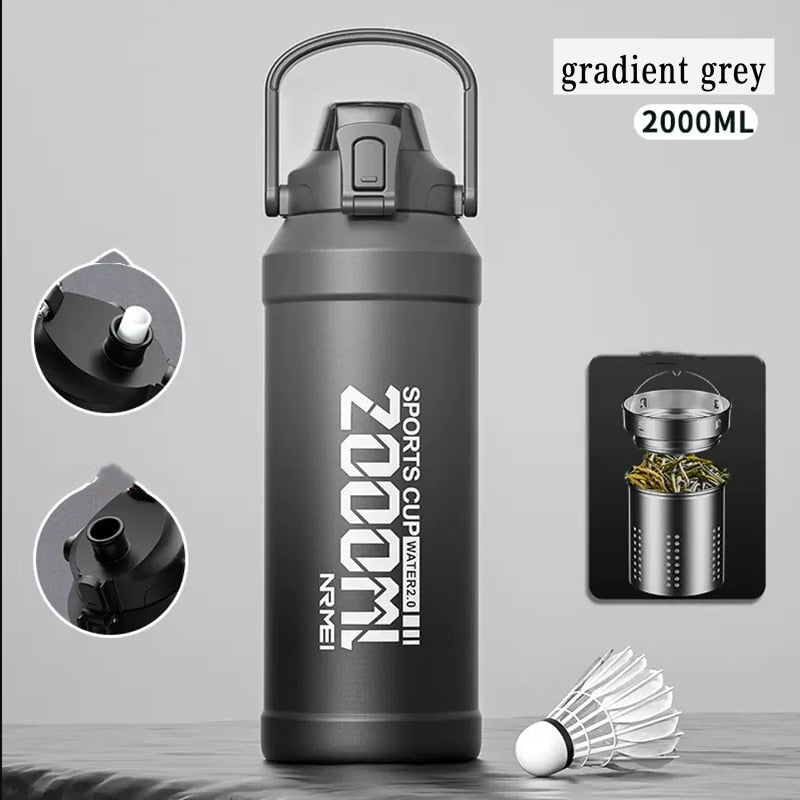 2L Water bottle Thermos Bottle with Removable Straw, Protable Stainless Steel Water Bottle with Carry Handle for Gym