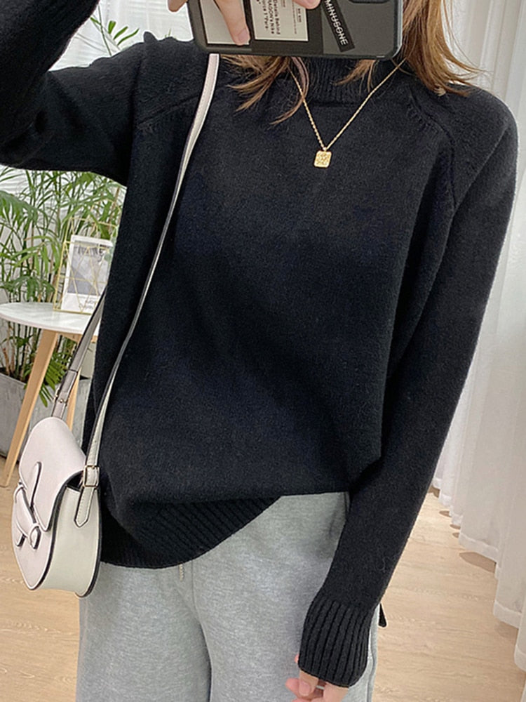 Women Mock Neck Pullovers Sweater High Quality Oversized Jumper Split Fall Winter Clothes Beige Purple Green 8 Colors  C-114