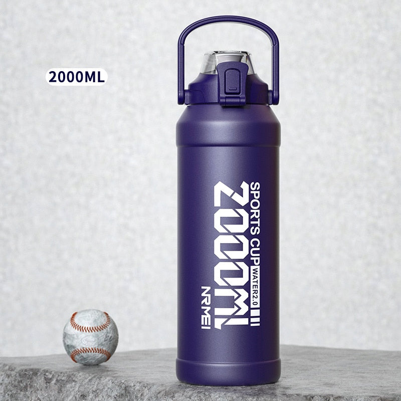 2L Water bottle Thermos Bottle with Removable Straw, Protable Stainless Steel Water Bottle with Carry Handle for Gym