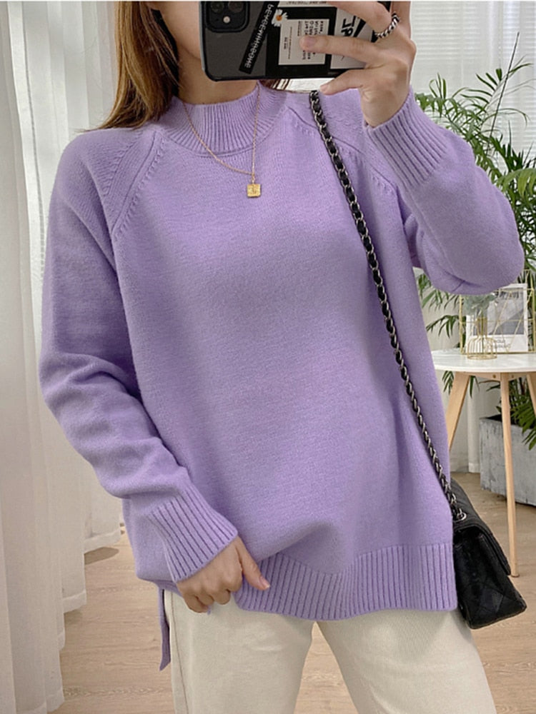 Women Mock Neck Pullovers Sweater High Quality Oversized Jumper Split Fall Winter Clothes Beige Purple Green 8 Colors  C-114