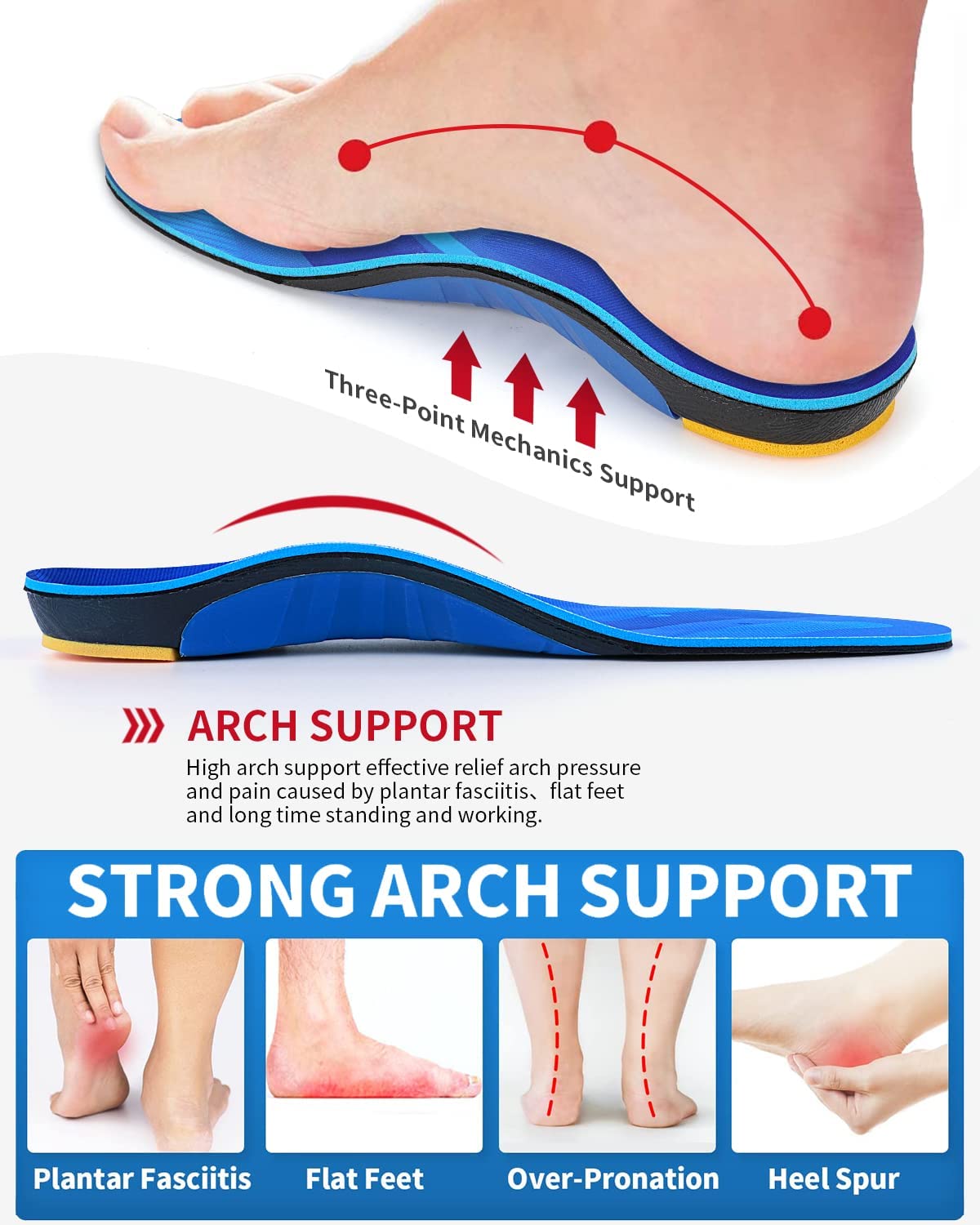 TOPSOLE Pain Relief Orthopedic Insole Plantar Fasciitis High Arch Support Insole For Men Women With Flat Foot All Day Standing