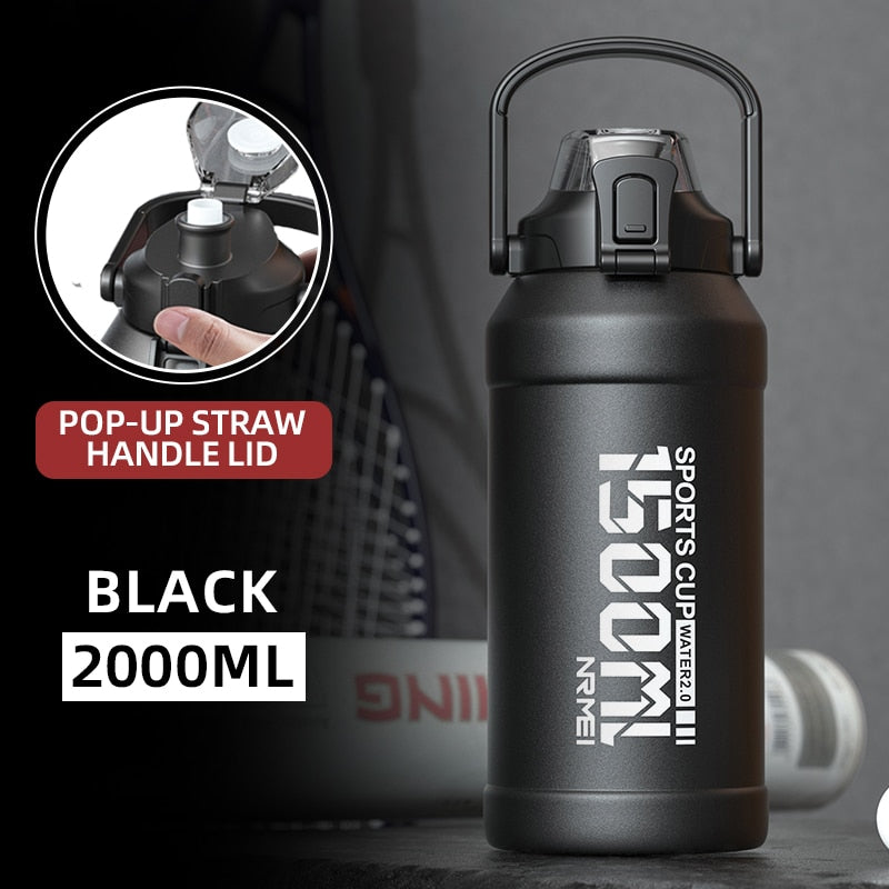 2L Water bottle Thermos Bottle with Removable Straw, Protable Stainless Steel Water Bottle with Carry Handle for Gym