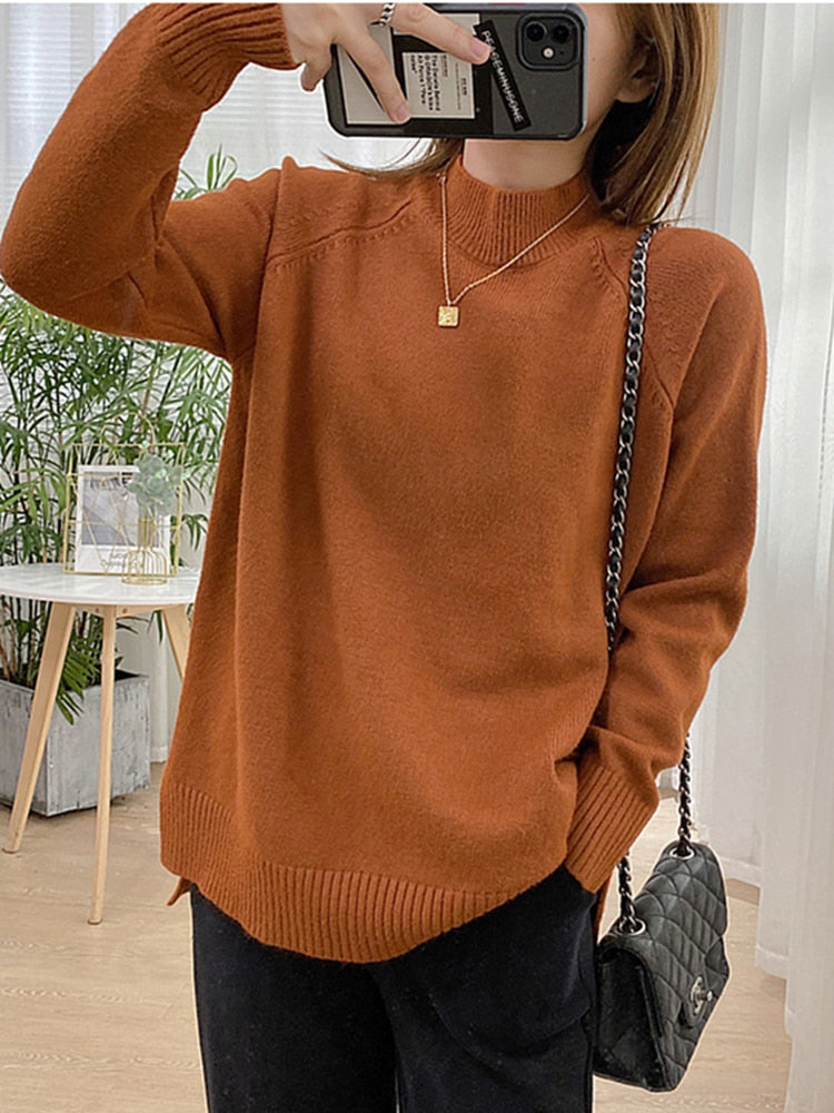 Women Mock Neck Pullovers Sweater High Quality Oversized Jumper Split Fall Winter Clothes Beige Purple Green 8 Colors  C-114