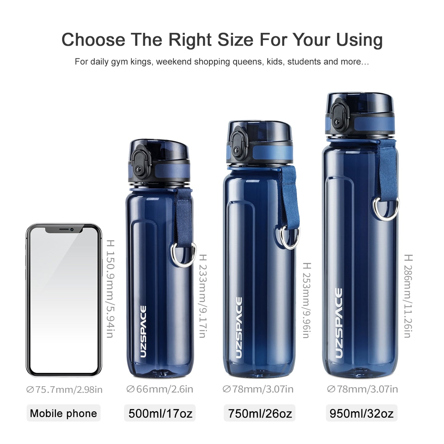 UZSPACE Sport Water Bottle BPA Free Portable Leakproof Shaker Plastic Bottle EcoFriendly Outdoor Trave Drinkware 350/500/1000ml