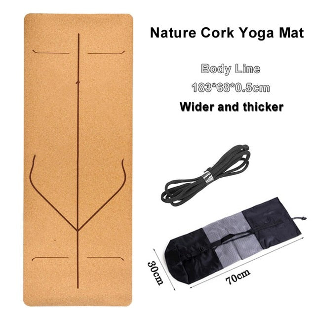 Jusenda 183X68cm Natural Cork TPE Yoga Mat For Fitness 5mm Sport Mats Pilates Exercise Non-slip Yoga mat With Position Body Line