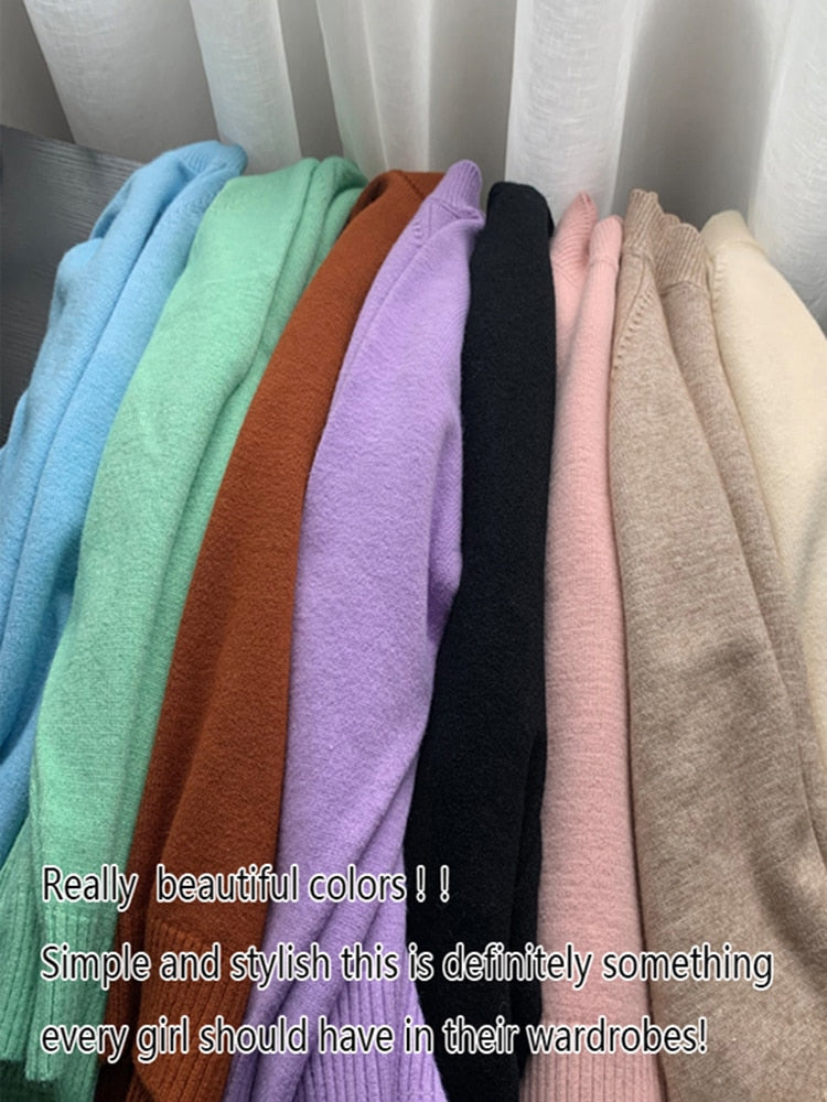 Women Mock Neck Pullovers Sweater High Quality Oversized Jumper Split Fall Winter Clothes Beige Purple Green 8 Colors  C-114