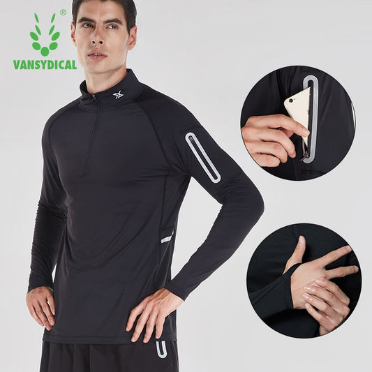 Running Shirt Men Zipper Pullover Madarin Collar Long Sleeve with Pocket Sports Active Wear for Gym Clothing Workout Shirt Male